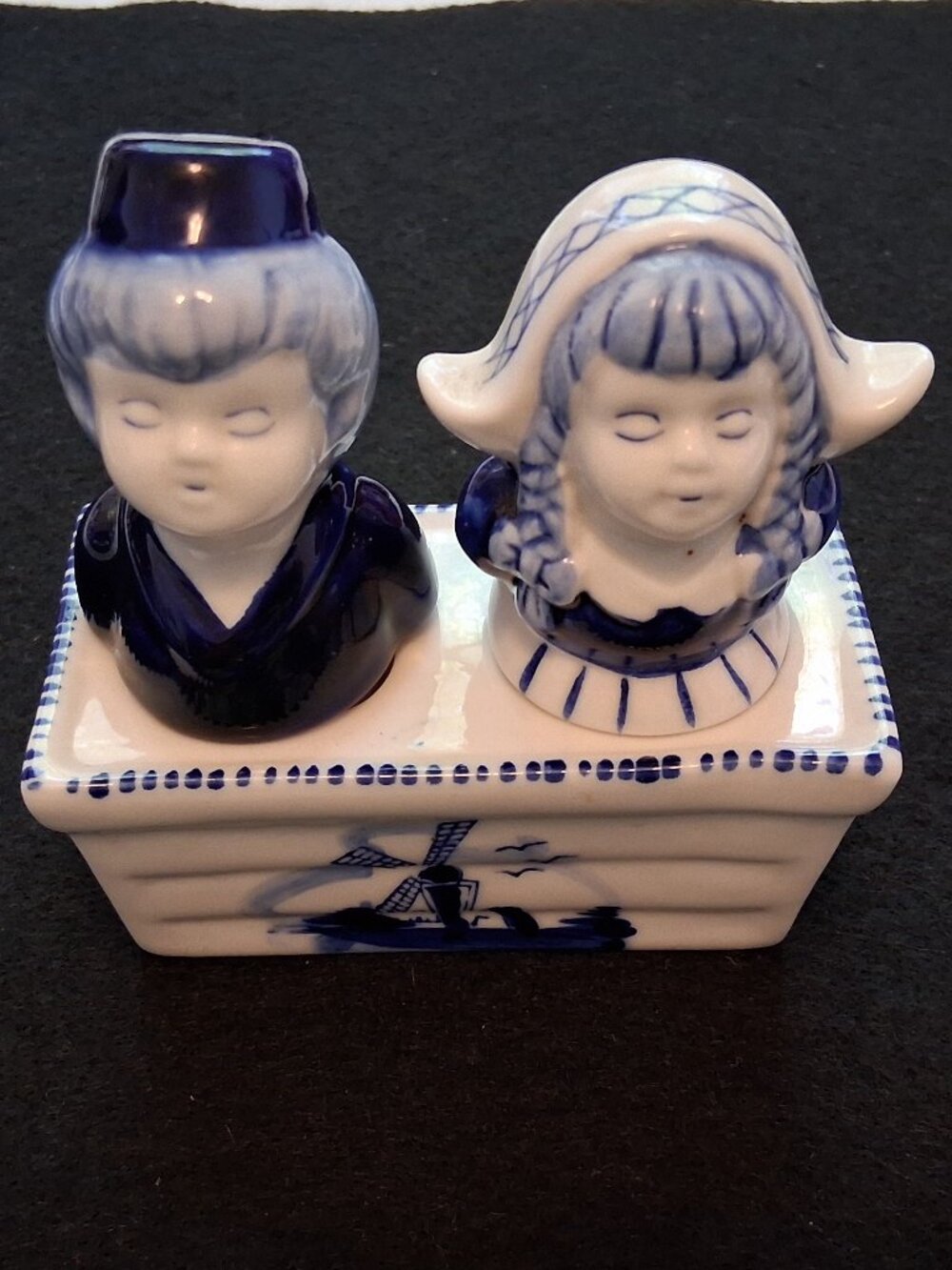 1960s-80s Delft Blue Ceramic Dutch Couple Salt/Pepper Shakers w/ Windmill Caddy